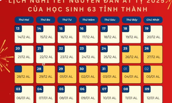 Lịch nghỉ tết Nguyên Đán Ất Tỵ 2025 của học sinh 63 tỉnh thành mới nhất