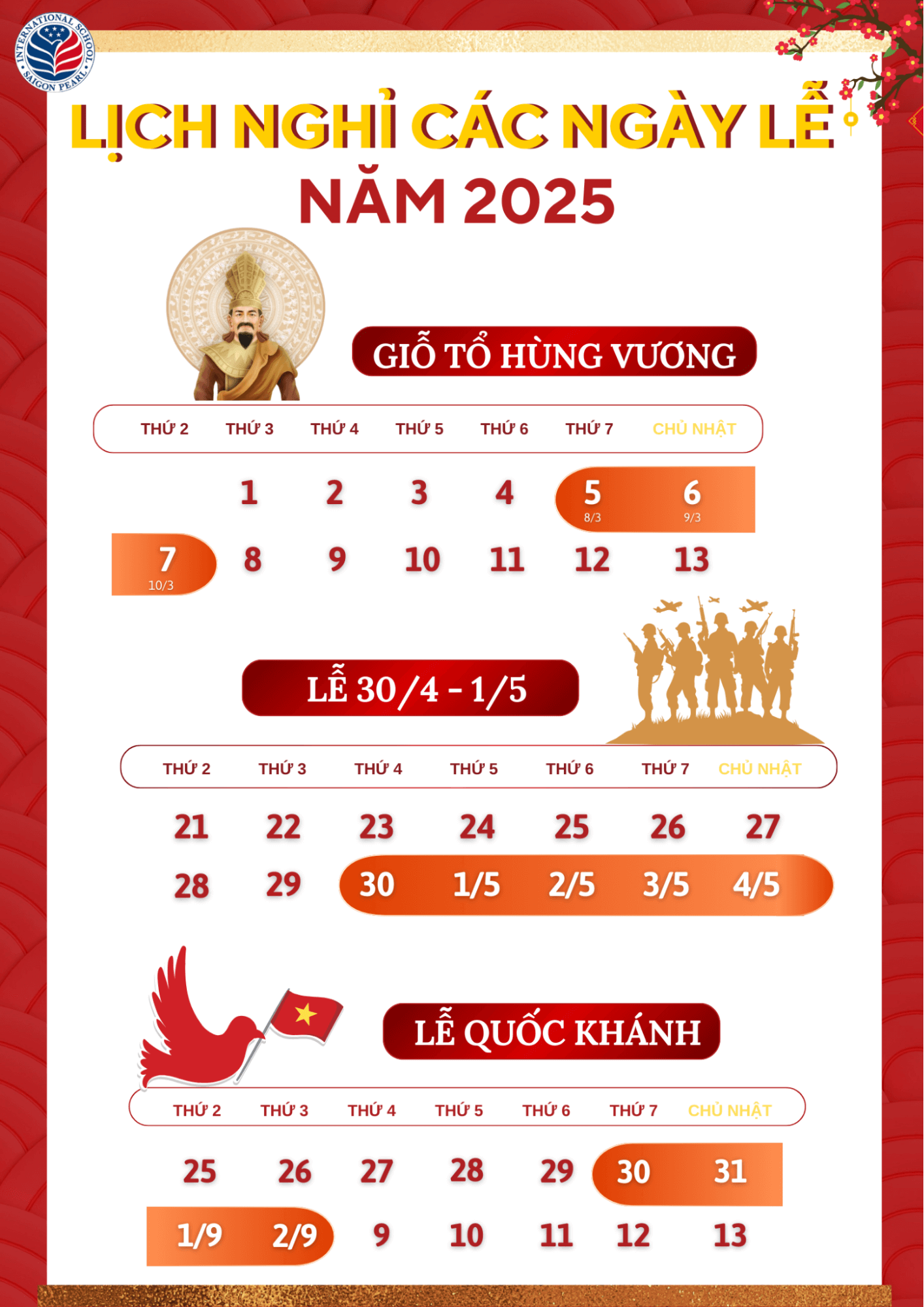 Thời gian nghỉ của các ngày lễ trong năm 2025